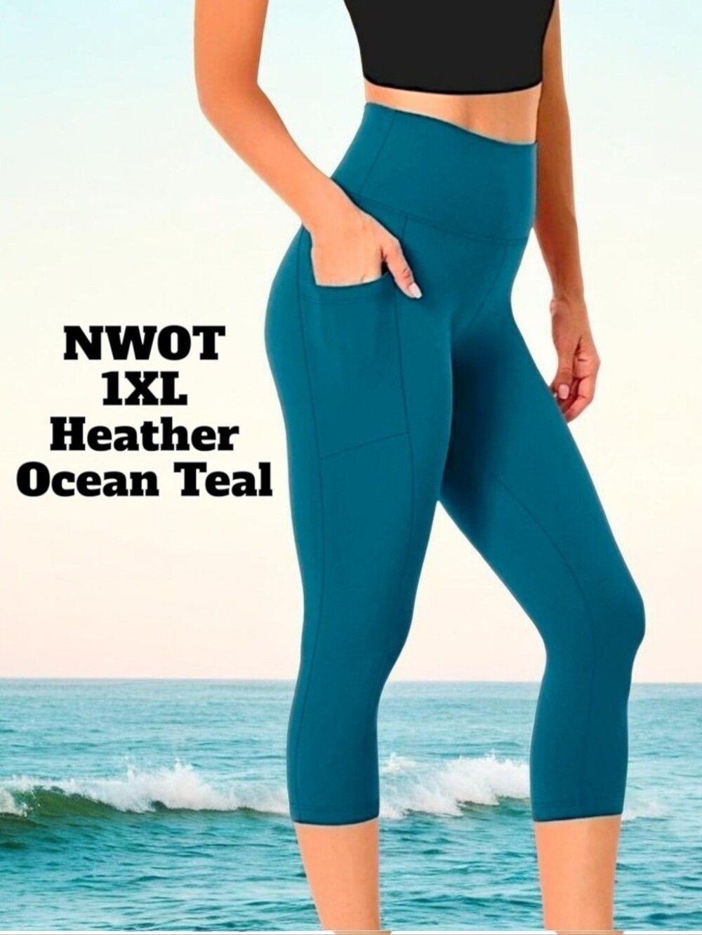 NWOT Capri High Waisted Leggings w 2 Pockets 2XL Heather Ocean Green